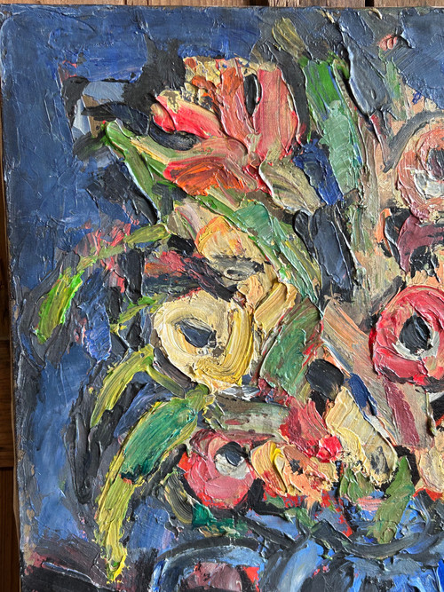 Pierre Ambrogiani (1906-1985) Oil On Canvas - Bouquet De Fleurs Au Vase Bleu
