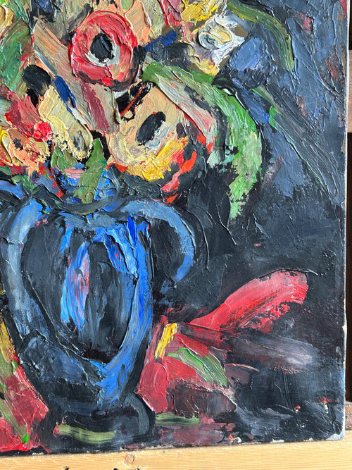 Pierre Ambrogiani (1906-1985) Oil On Canvas - Bouquet De Fleurs Au Vase Bleu