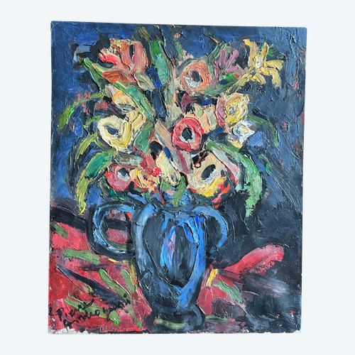 Pierre Ambrogiani (1906-1985) Oil On Canvas - Bouquet De Fleurs Au Vase Bleu