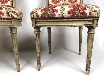 Pair of Louis XVI style chairs, molded beech, gray lacquered. Nineteenth