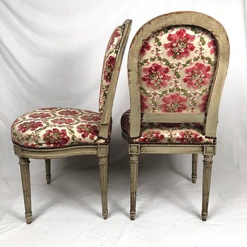 Pair of Louis XVI style chairs, molded beech, gray lacquered. Nineteenth
