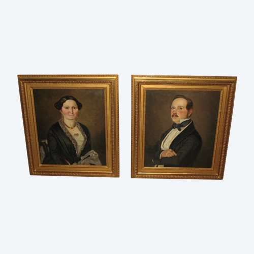 Pair of bust portraits of a couple signed M.V. Ziegler oil on canvas, mid-19th century