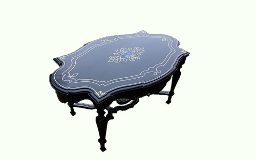 varnished table in precious wood  Tin and lapis lazuli marquetry 
