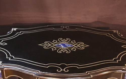 varnished table in precious wood  Tin and lapis lazuli marquetry 