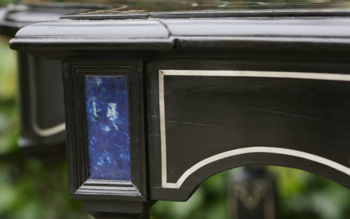 varnished table in precious wood  Tin and lapis lazuli marquetry 