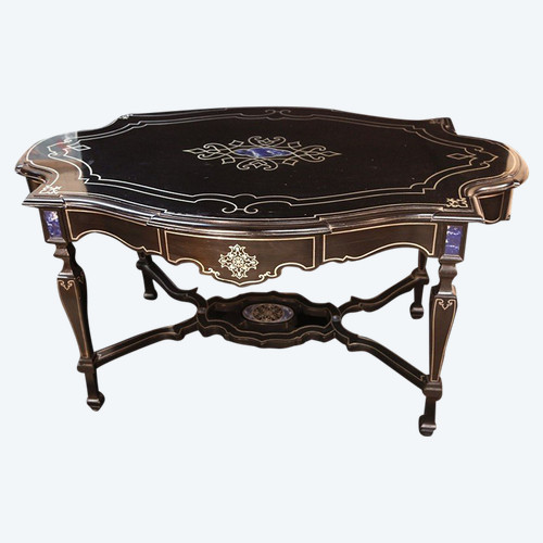 varnished table in precious wood  Tin and lapis lazuli marquetry 