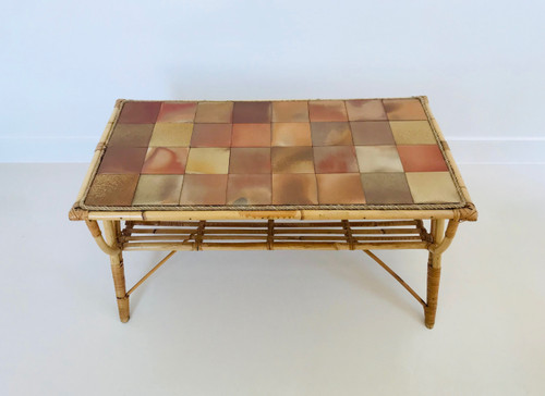 Coffee table in rattan and ceramic tiles, France, 1960s