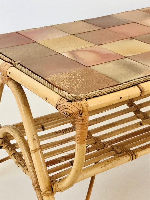 Coffee table in rattan and ceramic tiles, France, 1960s