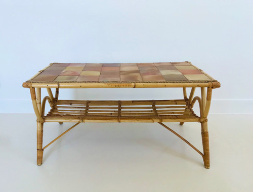 Coffee table in rattan and ceramic tiles, France, 1960s