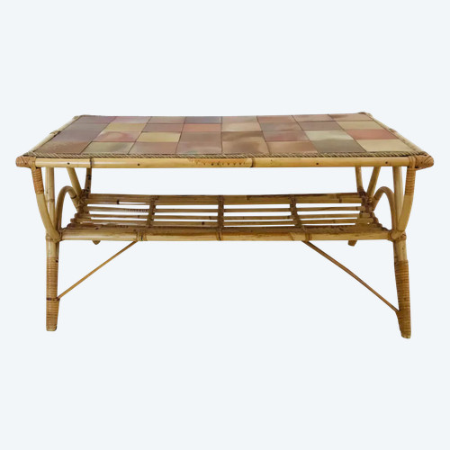Coffee table in rattan and ceramic tiles, France, 1960s