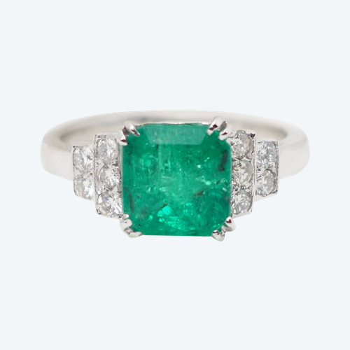 Bague en or blanc, émeraude de Colombie certifiée et diamants