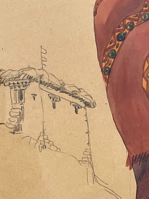 Gouache einer tibetischen Frau und eines tibetischen Kindes, Léa LAFUGIE (1890-1972)