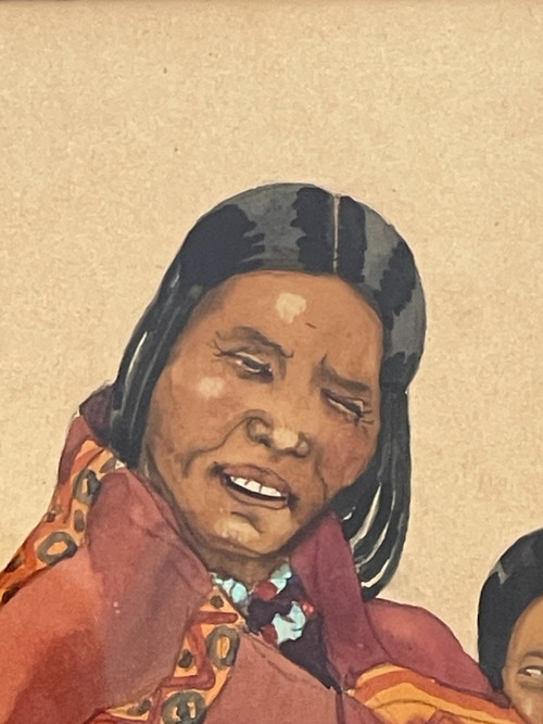 Gouache einer tibetischen Frau und eines tibetischen Kindes, Léa LAFUGIE (1890-1972)