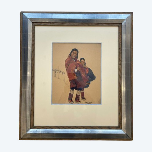 Gouache einer tibetischen Frau und eines tibetischen Kindes, Léa LAFUGIE (1890-1972)