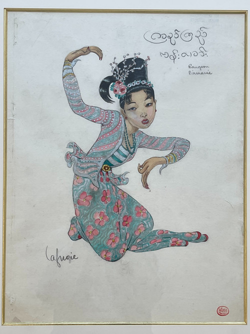 Léa LAFUGIE (1890-1972), gouache d'une danseuse birmane