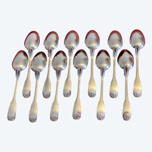 Lovely set of 12 small silver-plated shell spoons by Maison Alfenide