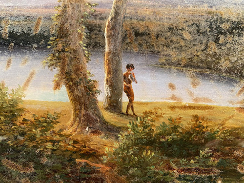 Fixé sous verre, école française du XIXe. Paysage animé