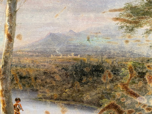 Fixé sous verre, école française du XIXe. Paysage animé