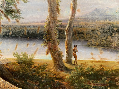 Fixé sous verre, école française du XIXe. Paysage animé