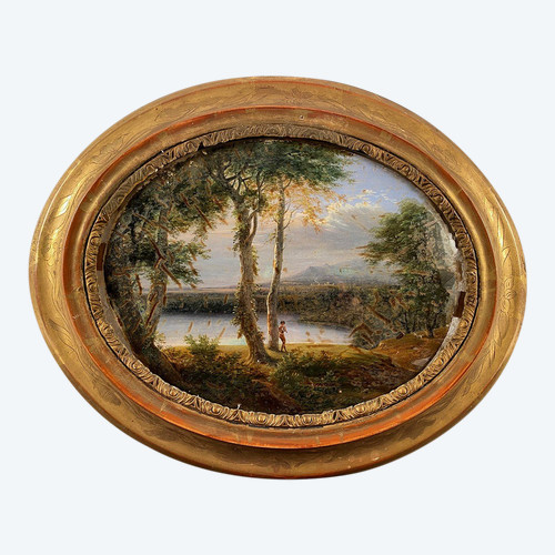 Fixé sous verre, école française du XIXe. Paysage animé