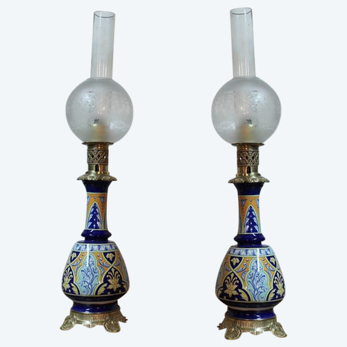 Lampes à Pétrole en Faïence XIXe