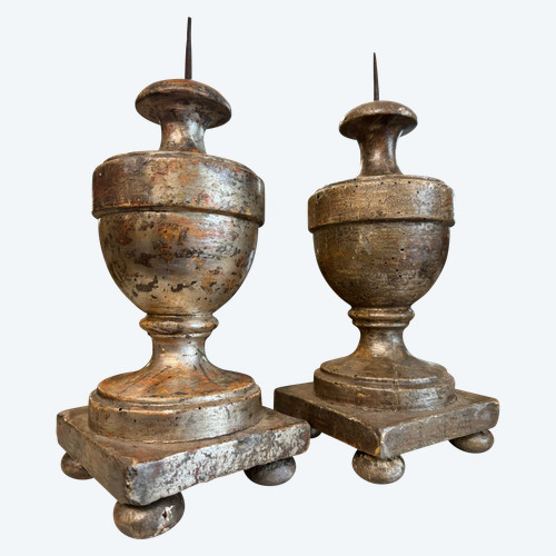 Pair of carved wood and silvered candlesticks 18th century