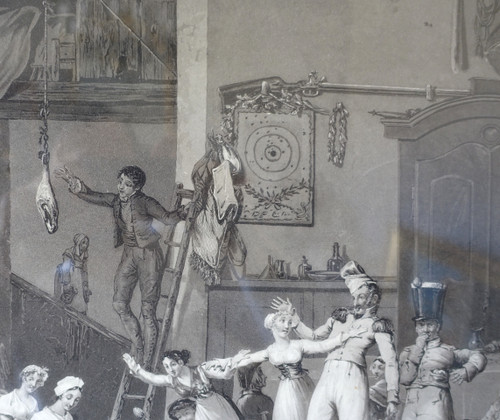 Coppia di incisioni Impero: La main chaud e Le Colin Maillard, cornici in legno dorato 72,5 cm x 62,5 cm