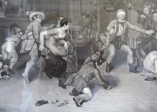 Coppia di incisioni Impero: La main chaud e Le Colin Maillard, cornici in legno dorato 72,5 cm x 62,5 cm