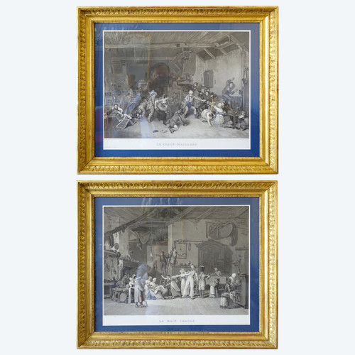 Coppia di incisioni Impero: La main chaud e Le Colin Maillard, cornici in legno dorato 72,5 cm x 62,5 cm