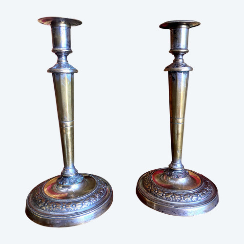 Elégante paire de grands bougeoirs en bronze argenture d'époque patinée à motif de grappes de raisin