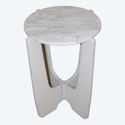 Pedestal Table In White Lacquered Wood And Marble Circa 1970
