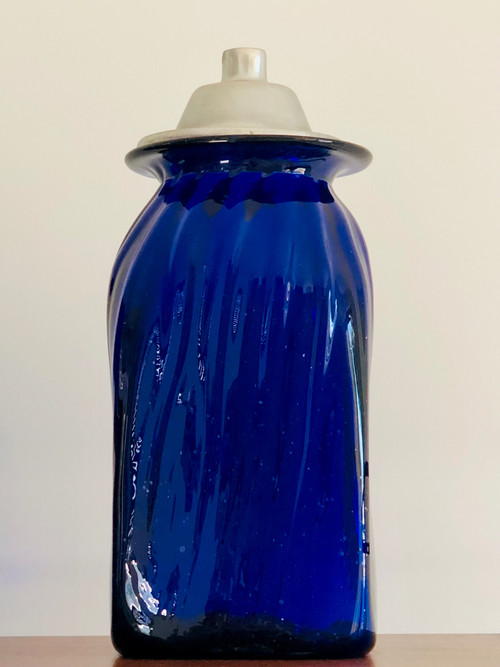 3 Apothekergläser aus kobaltblauem mundgeblasenem Glas und Aluminiumdeckeln, Italien