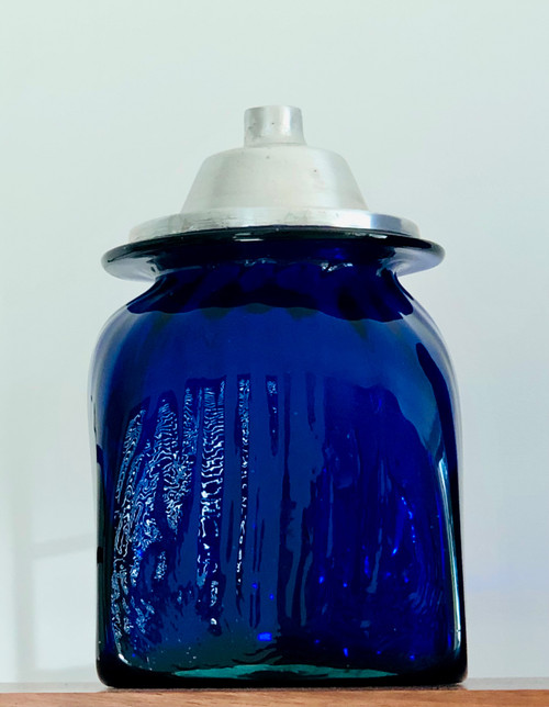 3 Apothekergläser aus kobaltblauem mundgeblasenem Glas und Aluminiumdeckeln, Italien