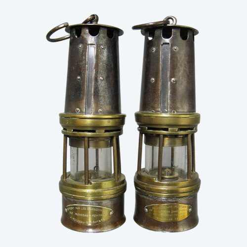 Paire De Lampes De Mineur Dufrane Castiau De Reconnaisance. 