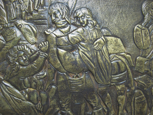 BRONZETAFEL MIT DARSTELLUNG EINER EROTISCHEN SZENE, SOLDATEN DER GROßEN ARMEE, 19. JAHRHUNDERT.