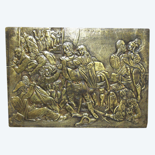 BRONZETAFEL MIT DARSTELLUNG EINER EROTISCHEN SZENE, SOLDATEN DER GROßEN ARMEE, 19. JAHRHUNDERT.