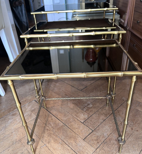 Maison Bagues: Nesting table in gilded brass, bamboo and mirrored tops