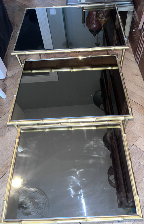 Maison Bagues: Nesting table in gilded brass, bamboo and mirrored tops