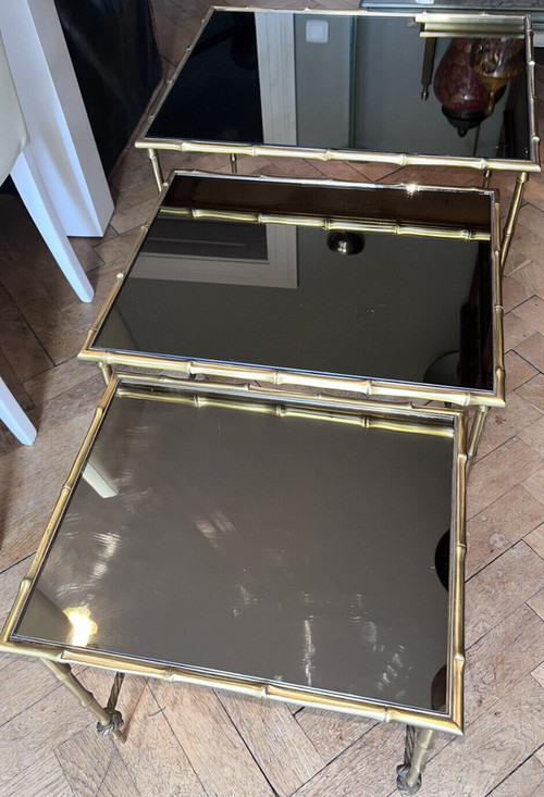 Maison Bagues: Nesting table in gilded brass, bamboo and mirrored tops