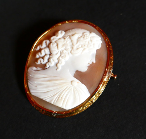 Broche Camée Sur Coquillage, Or Jaune 18 Carats.