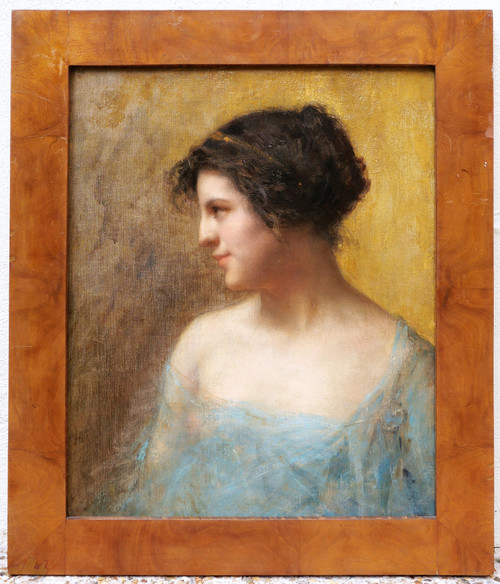Emmanuel Michel BENNER, bekannt als Many BENNER, Porträt einer brünetten Frau im Profil, in einem blauen Negligé