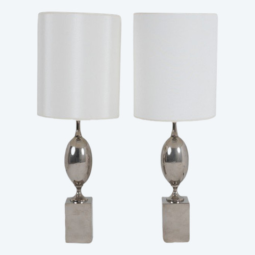 Philippe Barbier. Pair of silver-plated brass lamps. 1970s.