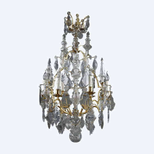 Lampadario a gabbia a sei luci, in bronzo dorato, decorato con nappe e pugnali in cristallo molato