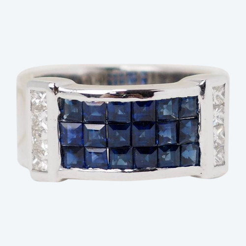 Bague bandeau en or blanc, saphirs et diamants
