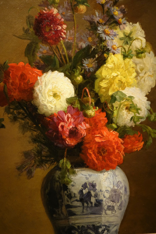 Dahlienstrauß in einer japanischen Vase, A.melot, 1883