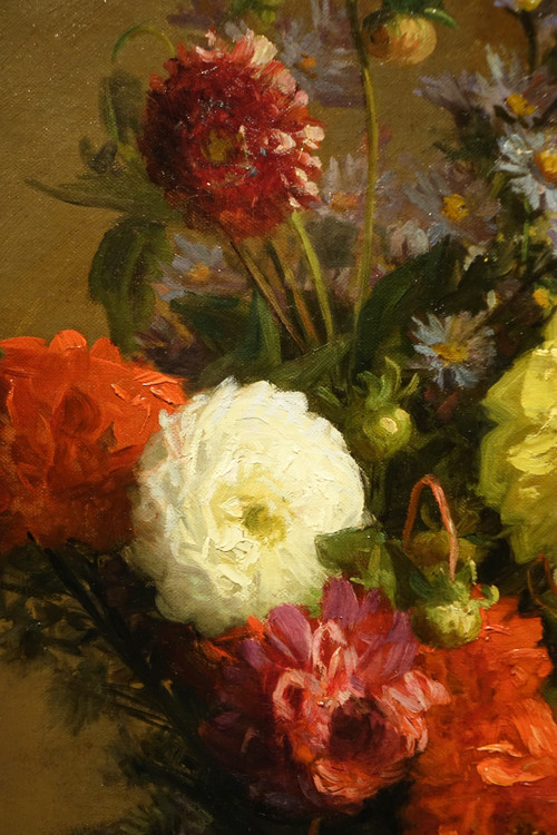 Dahlienstrauß in einer japanischen Vase, A.melot, 1883