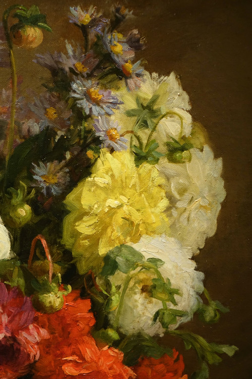 Dahlienstrauß in einer japanischen Vase, A.melot, 1883