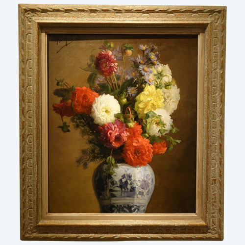 Dahlienstrauß in einer japanischen Vase, A.melot, 1883