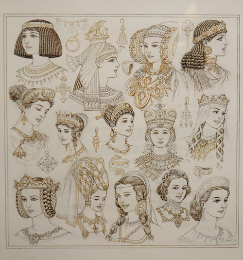 Portraits Of 14 Queens Or Empresses, Brown Ink And Sepia, Signed Herouard, Circa 1925.flag
