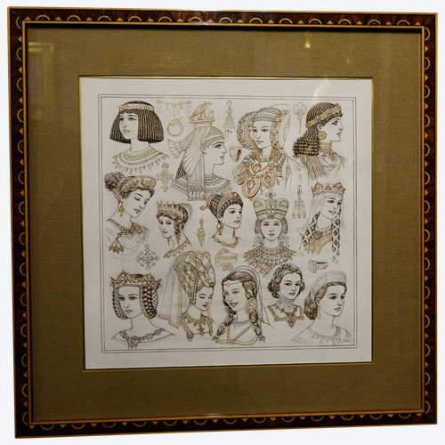 Portraits Of 14 Queens Or Empresses, Brown Ink And Sepia, Signed Herouard, Circa 1925.flag